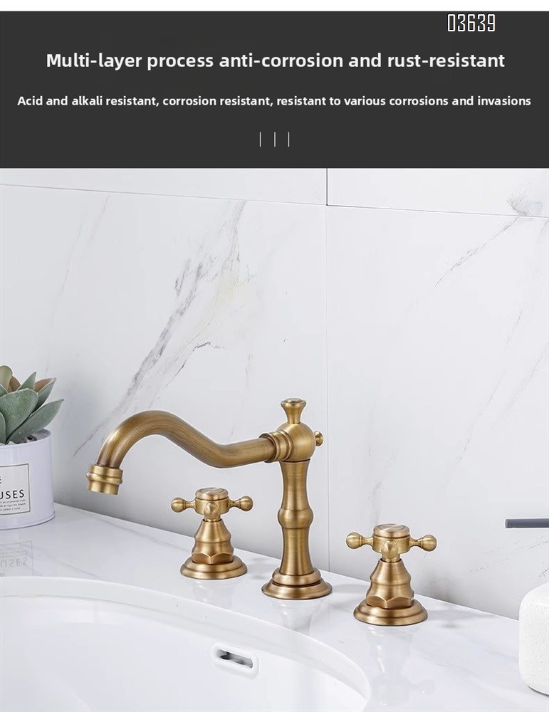 European Design Dual Handle 3 Holes Basin Faucet Deck Mounted Antique Brass Luxury Home Bathroom Antique Vanity Sink Faucet