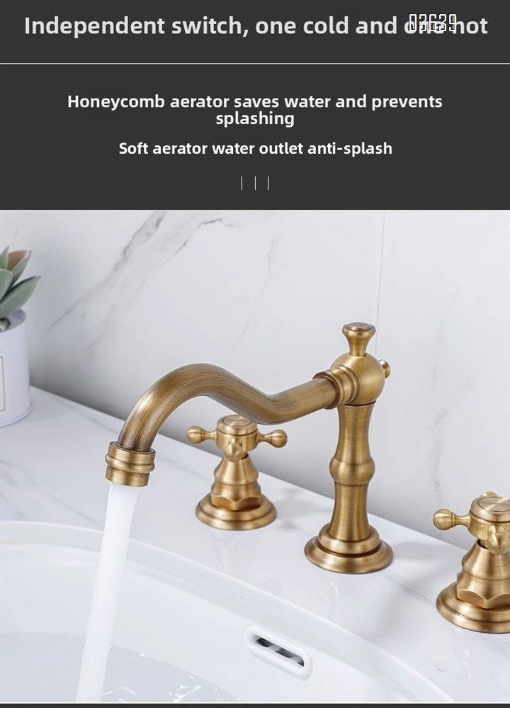 European Design Dual Handle 3 Holes Basin Faucet Deck Mounted Antique Brass Luxury Home Bathroom Antique Vanity Sink Faucet