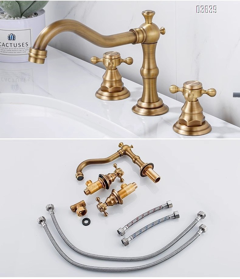 European Design Dual Handle 3 Holes Basin Faucet Deck Mounted Antique Brass Luxury Home Bathroom Antique Vanity Sink Faucet
