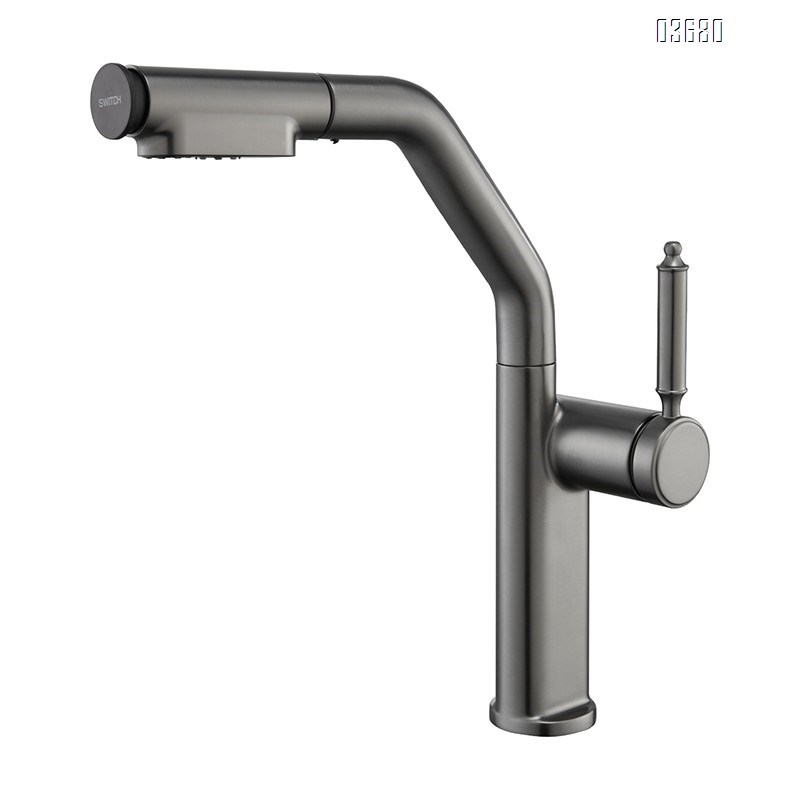 Gun gray pressurized splash-proof kitchen sink faucet with pull-down sprayer for home use
