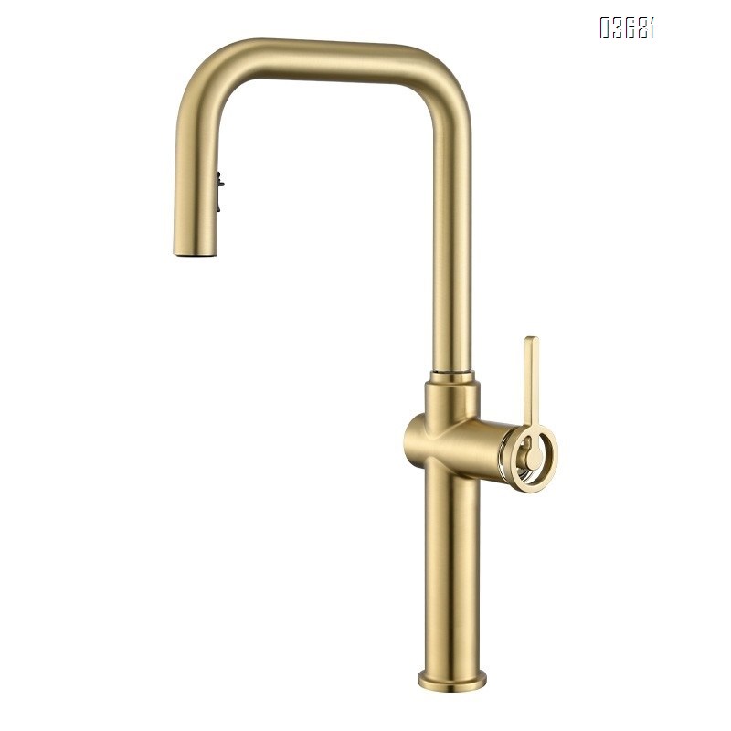 Simple Pull-Down Kitchen Faucet American Style Brushed Gold Multi-Function Hot and Cold Water Kitchen Tap