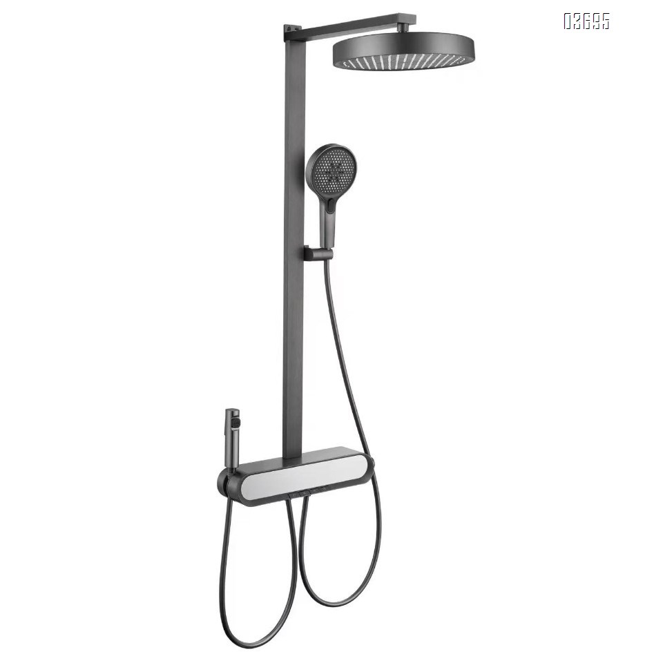 Gunmetal Full-Copper Exposed Rain Shower Booster Wall-Mounted Bathroom Shower Set with Bathtub Faucet (Hot & Cold)
