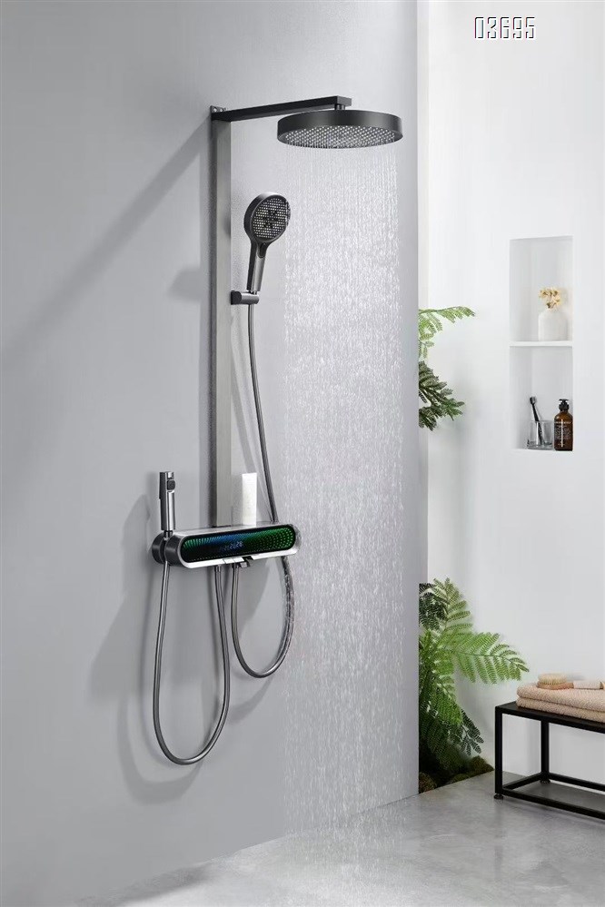Gunmetal Full-Copper Exposed Rain Shower Booster Wall-Mounted Bathroom Shower Set with Bathtub Faucet (Hot & Cold)