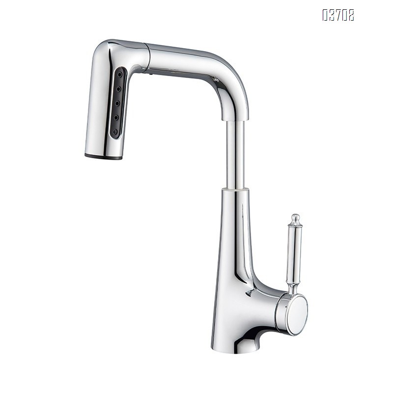 Milky White Adjustable Pull-Down Faucet with Rainfall Showerhead, Gunmetal Gray Rotating Basin Faucet