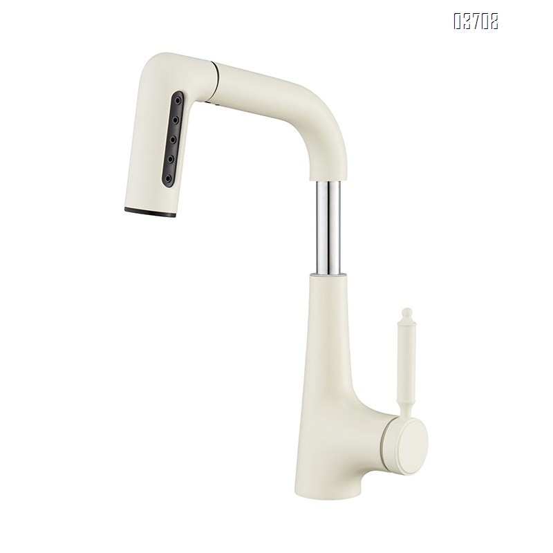 Milky White Adjustable Pull-Down Faucet with Rainfall Showerhead, Gunmetal Gray Rotating Basin Faucet