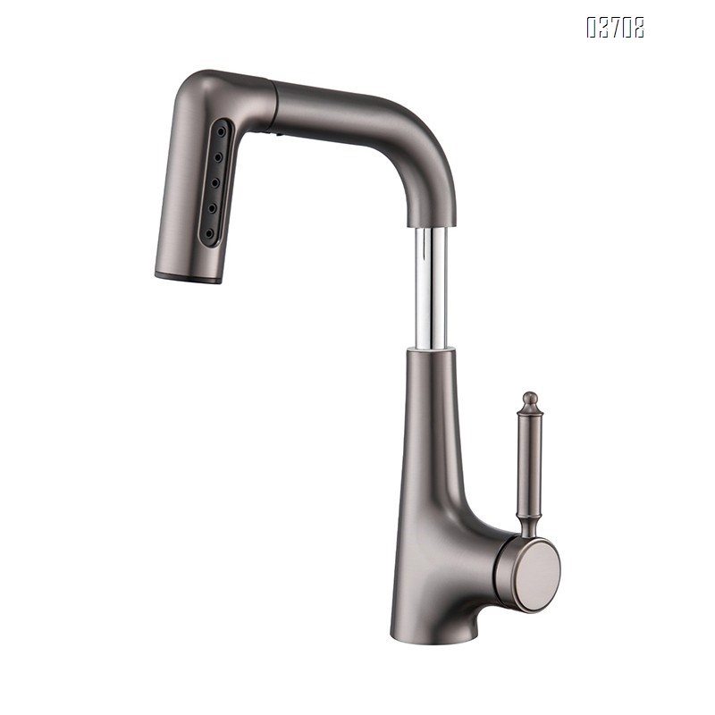 Milky White Adjustable Pull-Down Faucet with Rainfall Showerhead, Gunmetal Gray Rotating Basin Faucet