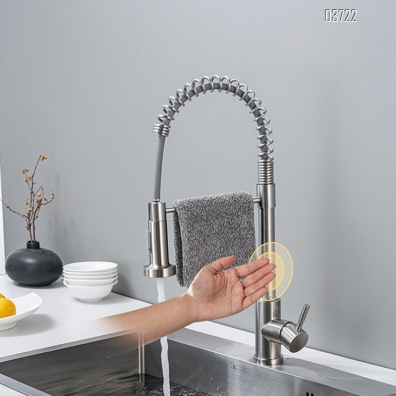304 Stainless Steel Spring Kitchen Hot and Cold Mixed Vertical Pull-out Rotating Two Mode Kitchen Faucets Mixer Sink Tap