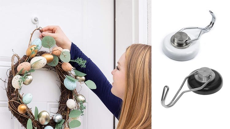 Strong Magnetic Hooks for Hanging. Up to 65 lbs.Black And White Magnet Hooks Heavy Duty Magnets, Neodymium 52 Rare Earth Magnets. Rotating Swivel Style Magnet Hook for Refrigerator