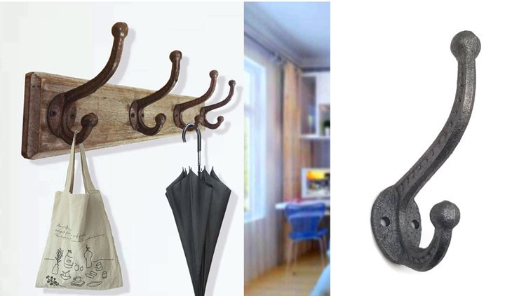 Cast Iron Heavy Duty Coat Hooks Rusty Very Big Heavy Duty Hooks for Hanging Coat Double Hooks Wall Mounted with Screws and Anchor for Towel, Keys, Bags, Hat, Scarf, Cup